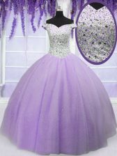 Shining Off the Shoulder Floor Length Ball Gowns Short Sleeves Lavender Sweet 16 Dress Lace Up