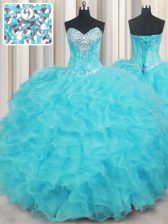 Noble Aqua Blue Organza Lace Up Sweetheart Sleeveless Floor Length 15 Quinceanera Dress Beading and Ruffles