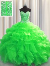  Visible Boning Green Lace Up Sweet 16 Dresses Beading and Ruffles Sleeveless Floor Length