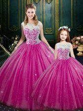 Sophisticated Sleeveless Tulle Floor Length Lace Up Quinceanera Dresses in Hot Pink with Lace