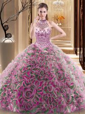 Beautiful Halter Top Sleeveless Brush Train Lace Up Vestidos de Quinceanera Multi-color Fabric With Rolling Flowers