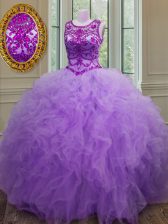  Scoop Sleeveless Lace Up Quinceanera Gowns Lavender Tulle