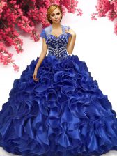 Customized Royal Blue Sleeveless Floor Length Beading and Ruffles Lace Up 15 Quinceanera Dress