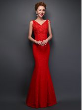 Elegant Mermaid Red Lace Lace Up V-neck Sleeveless Floor Length Prom Evening Gown Beading and Appliques