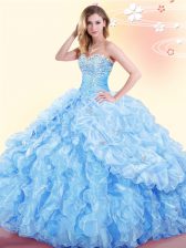 Customized Sleeveless Floor Length Beading and Ruffles and Pick Ups Lace Up Quinceanera Gown with Baby Blue