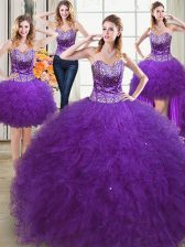 Superior Four Piece Eggplant Purple Tulle Lace Up Sweet 16 Quinceanera Dress Sleeveless Floor Length Beading and Ruffles
