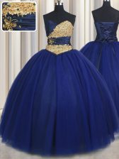  Sleeveless Floor Length Beading and Appliques Lace Up Sweet 16 Dress with Navy Blue