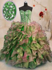 Custom Designed Multi-color Ball Gowns Sweetheart Sleeveless Organza Floor Length Lace Up Beading and Ruffles 15th Birthday Dress