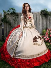  White And Red Sweetheart Lace Up Beading and Embroidery and Ruffles 15 Quinceanera Dress Brush Train Sleeveless