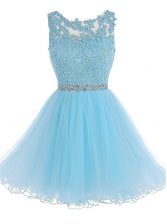 Excellent Scoop Baby Blue A-line Beading and Lace Prom Evening Gown Zipper Chiffon Sleeveless Knee Length