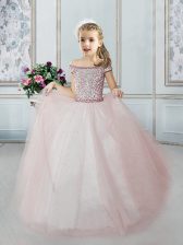  Pink Off The Shoulder Neckline Beading Little Girls Pageant Gowns Cap Sleeves Lace Up