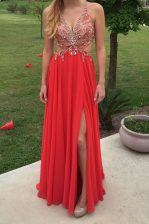  Chiffon V-neck Sleeveless Backless Beading Prom Party Dress in Red