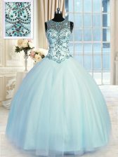Chic Tulle Scoop Sleeveless Lace Up Beading Quince Ball Gowns in Light Blue