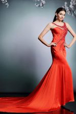 Sumptuous Court Train Empire Prom Party Dress Coral Red Scoop Satin Sleeveless Side Zipper