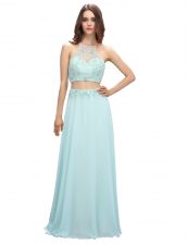  Scoop Floor Length Zipper Prom Dress Light Blue for Prom and Party with Beading