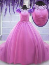Elegant Rose Pink Scoop Neckline Hand Made Flower Quinceanera Gowns Short Sleeves Lace Up