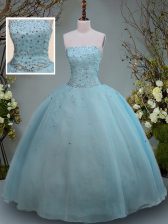 Custom Designed Aqua Blue Sleeveless Floor Length Beading Lace Up Quinceanera Gowns