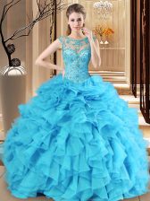 Latest Ball Gowns Quinceanera Dress Baby Blue Scoop Organza Sleeveless Floor Length Lace Up