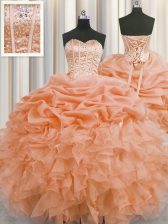  Visible Boning Orange Lace Up Sweet 16 Quinceanera Dress Beading and Ruffles and Pick Ups Sleeveless Floor Length
