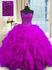  Sweetheart Sleeveless Quinceanera Dresses Floor Length Beading and Ruffles and Sequins Purple Organza