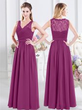 Hot Sale Fuchsia Sleeveless Floor Length Lace and Ruching Side Zipper Damas Dress