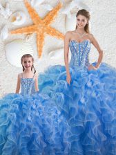 Gorgeous Baby Blue Ball Gowns Beading and Ruffles Quinceanera Dresses Lace Up Organza Sleeveless Floor Length