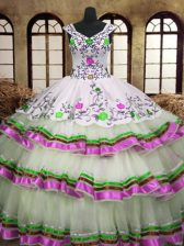 Stylish Sleeveless Embroidery and Ruffled Layers Lace Up Quinceanera Gown