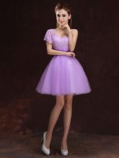  Lilac Lace Up One Shoulder Lace and Ruching Court Dresses for Sweet 16 Tulle Sleeveless