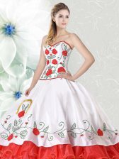  Ruffled Floor Length White and Red 15 Quinceanera Dress Sweetheart Sleeveless Lace Up