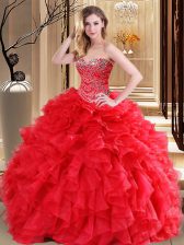 Hot Selling Red Ball Gowns Sweetheart Sleeveless Organza Floor Length Lace Up Beading and Ruffles Sweet 16 Dress