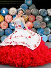  Floor Length Lace Up Sweet 16 Quinceanera Dress White And Red for Sweet 16 and Quinceanera with Appliques and Embroidery and Ruffles