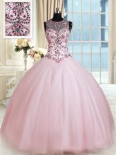Hot Sale Scoop Baby Pink Sleeveless Floor Length Beading Lace Up Quince Ball Gowns