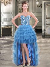 Dazzling Ruffled High Low A-line Sleeveless Blue Prom Dresses Lace Up