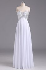 Modern White Lace Up Dress for Prom Beading and Ruching Sleeveless Floor Length
