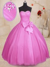  Beading and Bowknot Quinceanera Gown Lilac Lace Up Sleeveless Floor Length