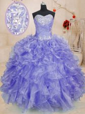 Luxury Floor Length Lavender 15th Birthday Dress Sweetheart Long Sleeves Lace Up