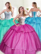 Fuchsia Quinceanera Dress Military Ball and Sweet 16 and Quinceanera with Beading and Ruffled Layers Sweetheart Sleeveless Lace Up