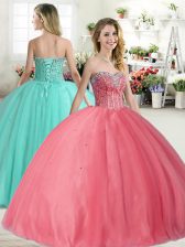 Noble Sleeveless Tulle Floor Length Lace Up 15th Birthday Dress in Pink with Beading