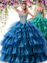  Teal Lace Up 15 Quinceanera Dress Beading and Ruffled Layers Sleeveless Floor Length