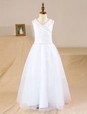 Elegant V-neck Sleeveless Zipper Flower Girl Dresses for Less White Tulle