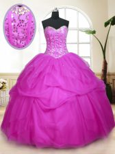  Sequins Pick Ups Floor Length Fuchsia Quinceanera Gown Sweetheart Sleeveless Lace Up