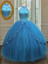  Blue Sleeveless Tulle Lace Up Quince Ball Gowns for Military Ball and Sweet 16 and Quinceanera