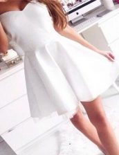  White Satin Zipper Prom Evening Gown Sleeveless Mini Length Ruching
