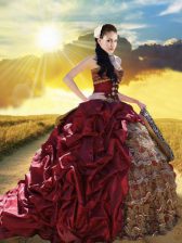 Spectacular With Train Lace Up Quinceanera Gowns Burgundy for Military Ball and Sweet 16 and Quinceanera with Beading and Ruffled Layers and Pick Ups Court Train