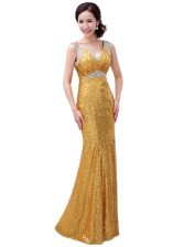  Sequins Evening Dress Gold Zipper Sleeveless Floor Length