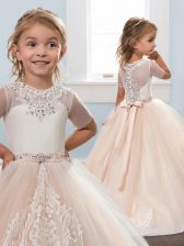  Scoop Beading and Lace and Bowknot Pageant Gowns For Girls Champagne Zipper Short Sleeves Brush Train