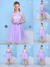  Scoop Sleeveless Tulle Dama Dress for Quinceanera Bowknot Lace Up