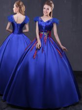 Artistic Royal Blue Cap Sleeves Satin Lace Up Quinceanera Gowns for Military Ball and Sweet 16 and Quinceanera