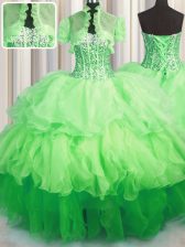 Customized Visible Boning Bling-bling Organza Lace Up Sweetheart Sleeveless Asymmetrical Quinceanera Dress Beading and Ruffled Layers