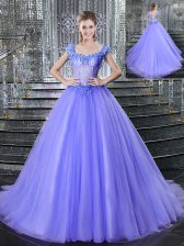 Decent Straps Sleeveless Tulle 15 Quinceanera Dress Beading Brush Train Lace Up